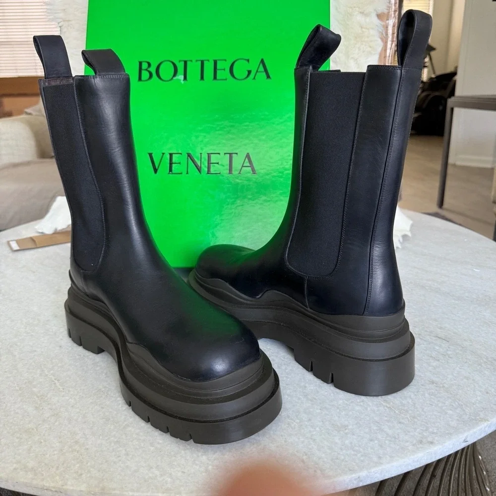Bottega Veneta 630284 Military Black Leather Brown & Black‎ Tire Boots 39.5